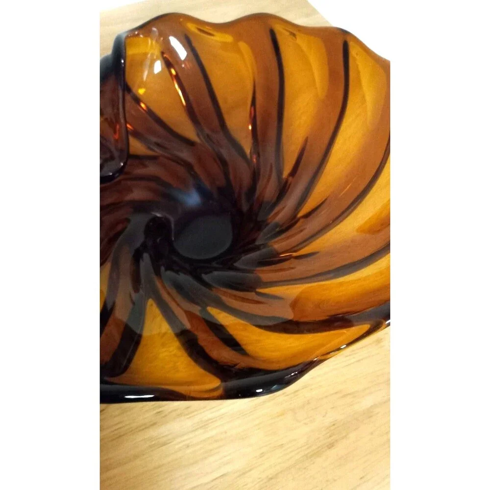 Vintage MCM Murano Style Amber Art Glass Ruffled Swirled Bowl /Catchall 8